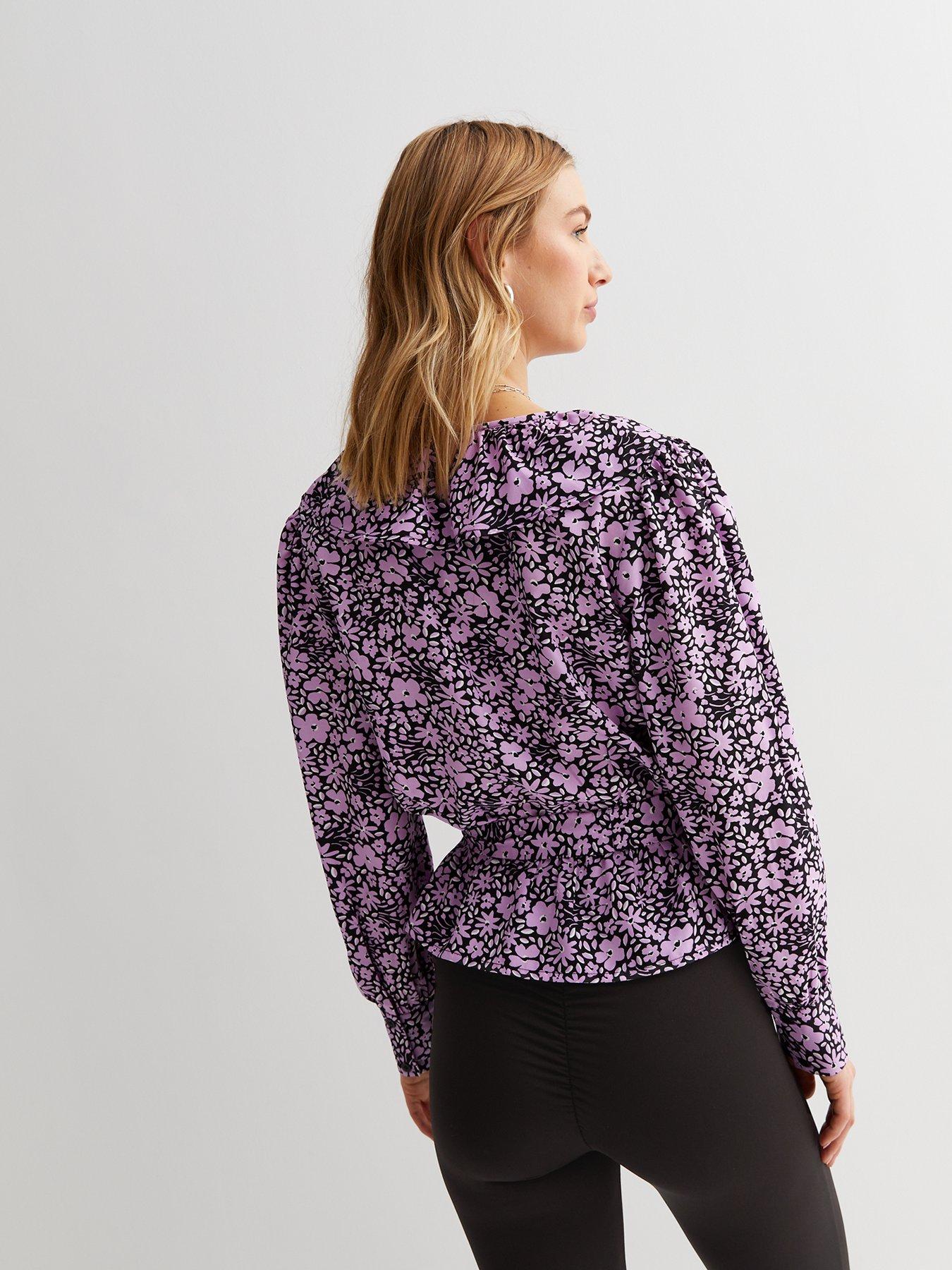 New Look Floral Crepe Ruffle Peplum Wrap Blouse Purple