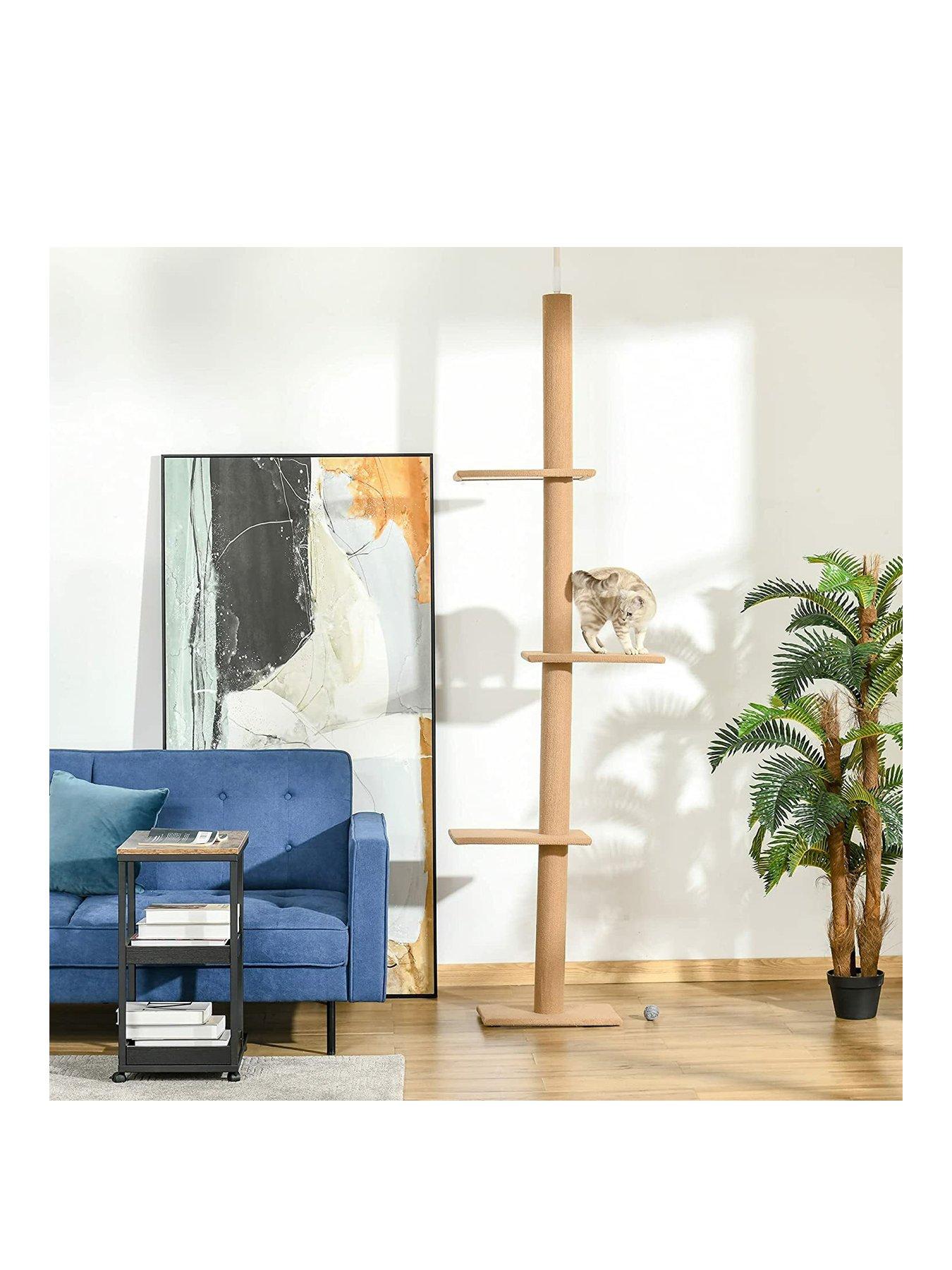 pawhut-260cm-floor-to-ceiling-cat-tree-w-3-perches-flannel-upholstery-kitten-brown
