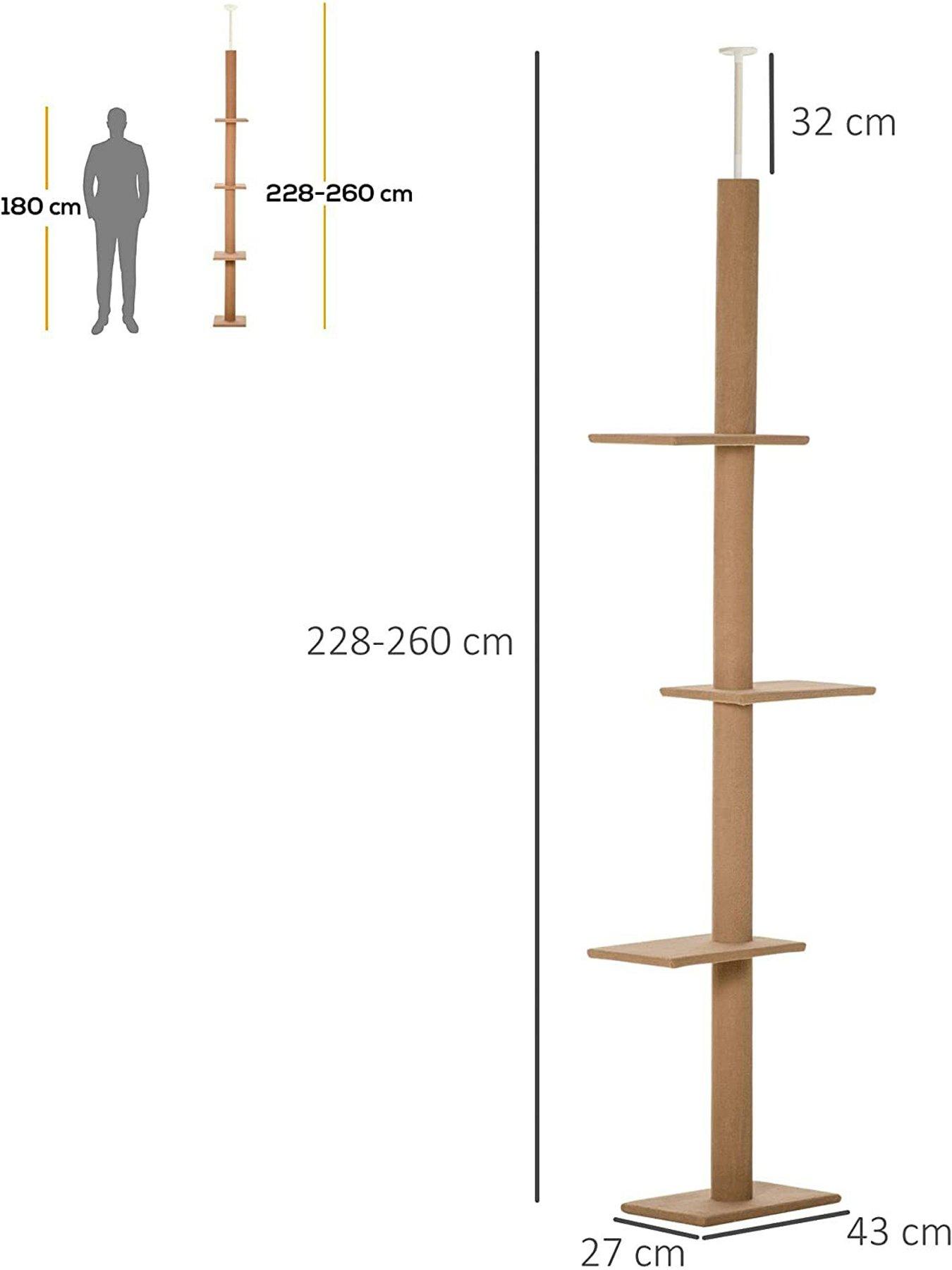  image of pawhut-260cm-floor-to-ceiling-cat-tree-w-3-perches-flannel-upholstery-kitten-brown