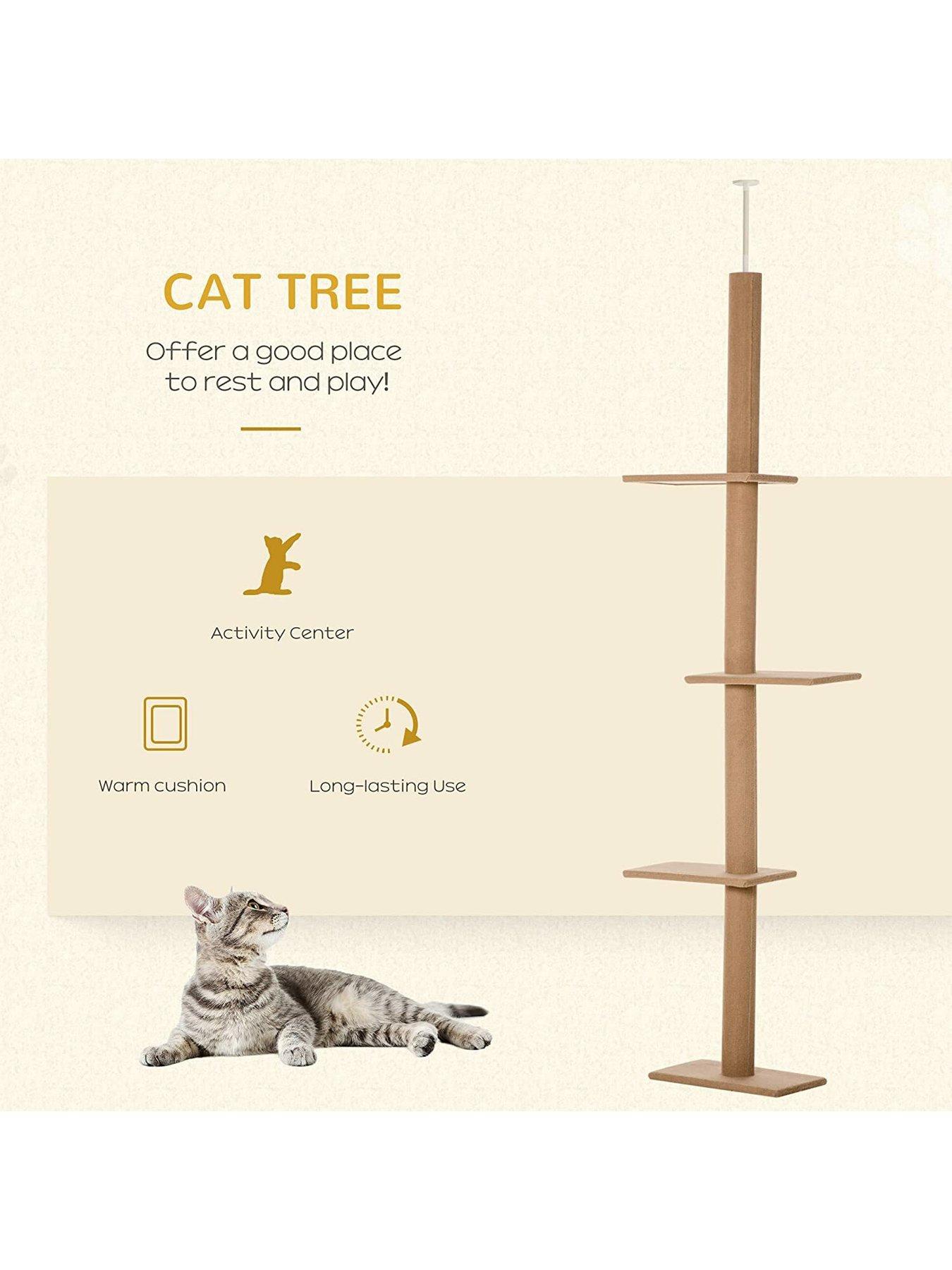  image of pawhut-260cm-floor-to-ceiling-cat-tree-w-3-perches-flannel-upholstery-kitten-brown