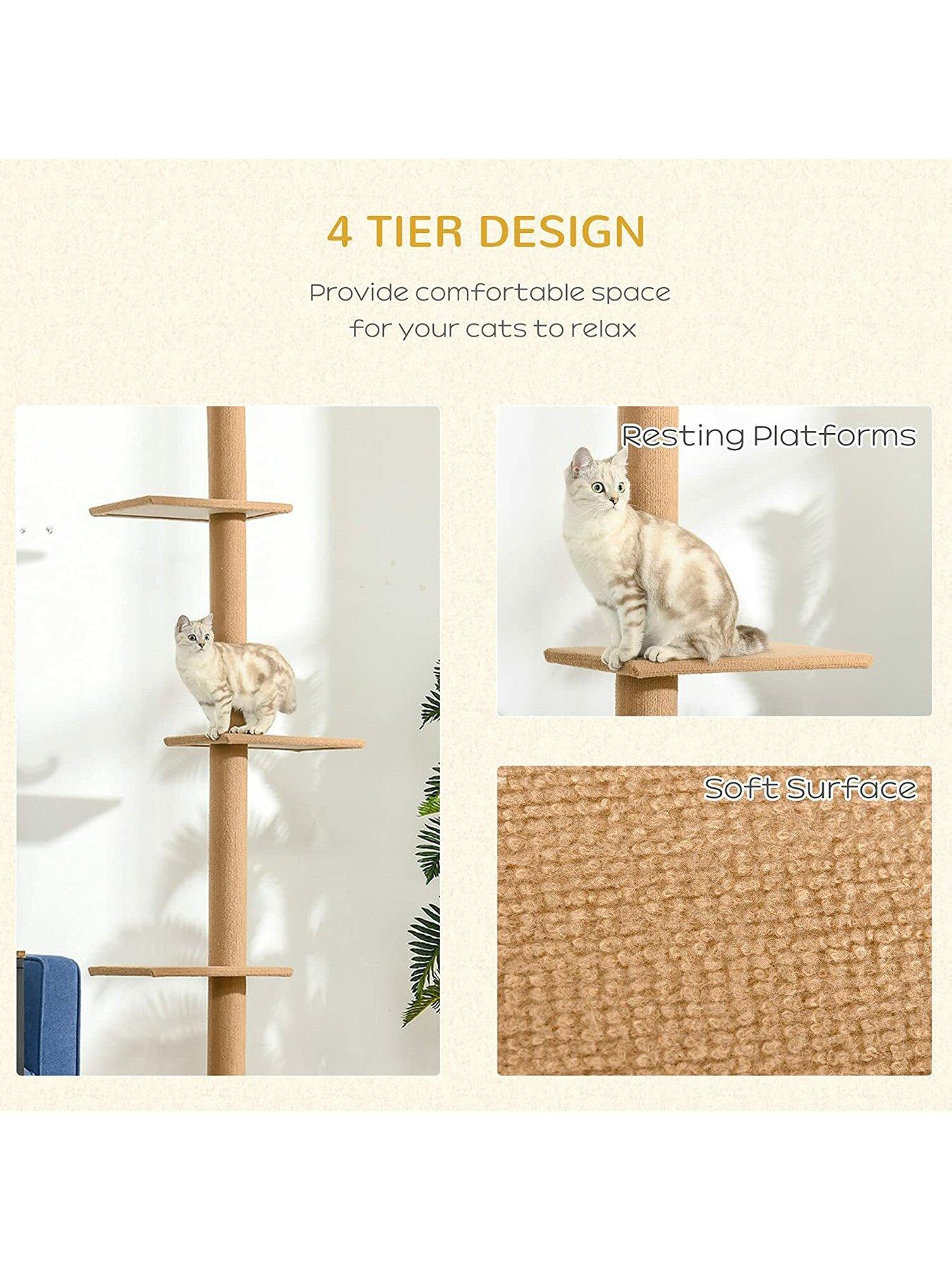  image of pawhut-260cm-floor-to-ceiling-cat-tree-w-3-perches-flannel-upholstery-kitten-brown