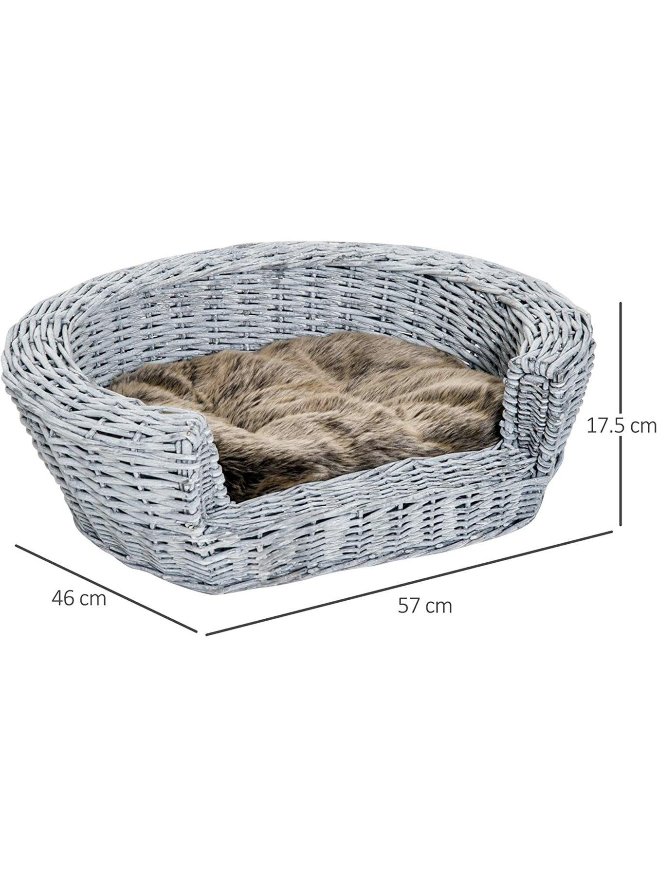 Wicker Pet Bed Willow Dog Cat Sofa Couch Puppy Basket with Cushion Grey 57L x 46W x 17.5H cm