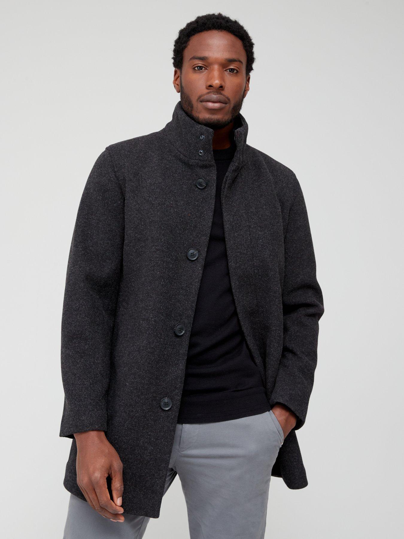 Faux Wool Funnel Neck Coat Dark Grey