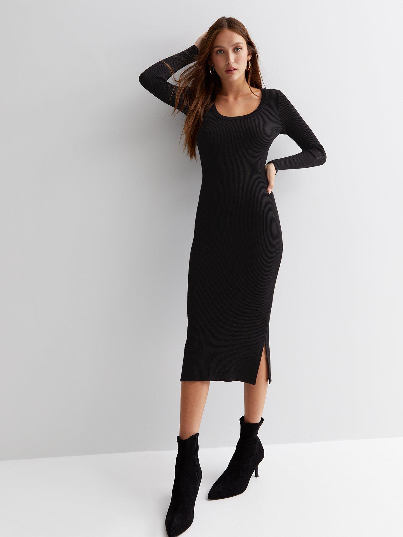 New Look Ribbed Knit Crew Neck Long Sleeve Midi Bodycon Dress