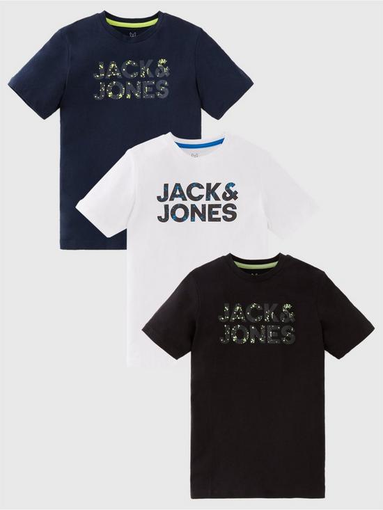 front image of jack-jones-junior-boys-3-pack-neon-pop-short-sleeve-tshirts-navyblackwhite