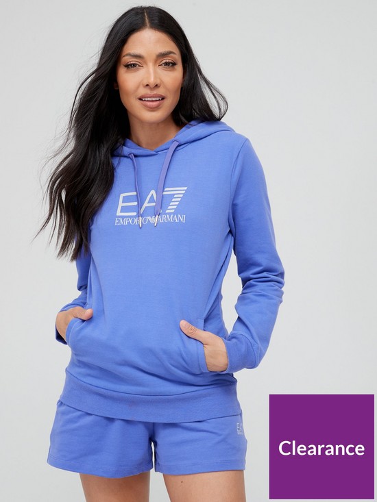front image of ea7-emporio-armani-logo-front-hoodie-bluenbsp