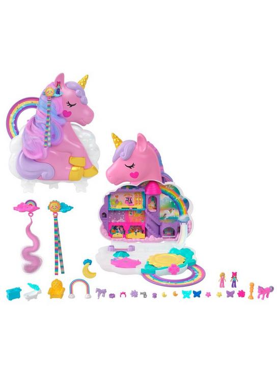 front image of polly-pocket-rainbow-unicorn-salon-playset