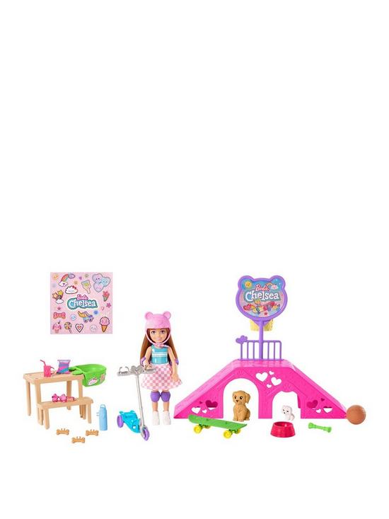 front image of barbie-chelsea-skatepark-playset-and-doll