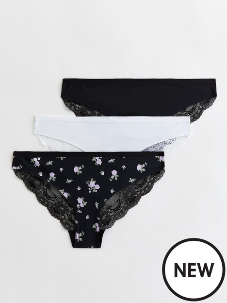 new-look-3-pack-black-and-white-floral-lace-back-seamless-briefs