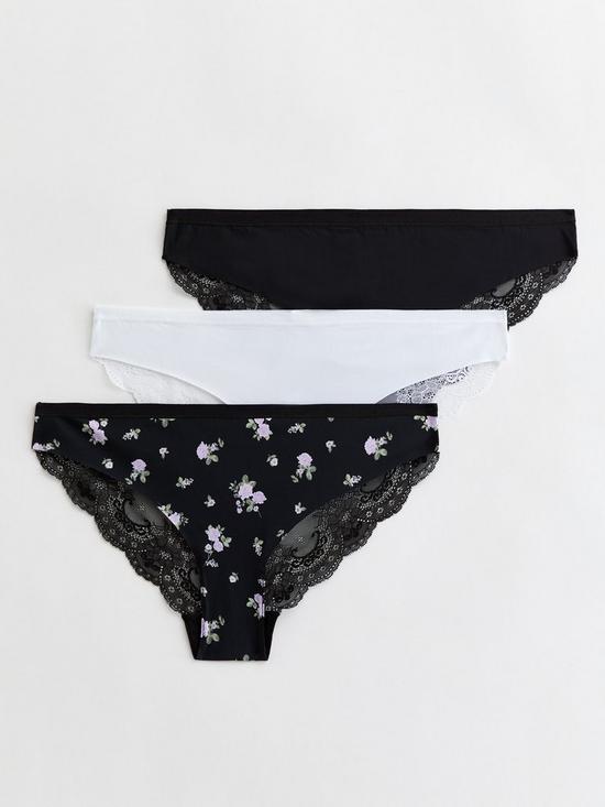 front image of new-look-3-pack-black-and-white-floral-lace-back-seamless-briefs
