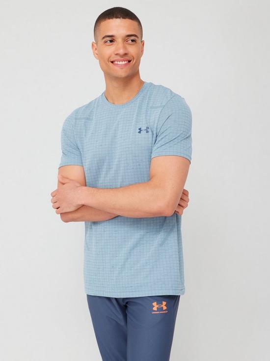 front image of under-armour-training-seamless-grid-short-sleevenbspt-shirt-blue
