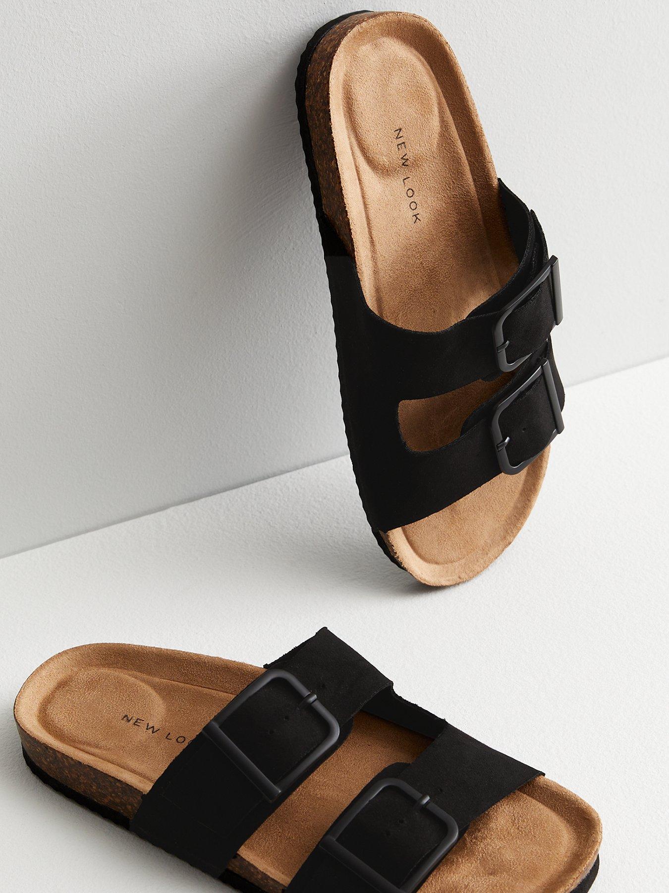 New Look Black Suedette Double Strap Footbed Sliders