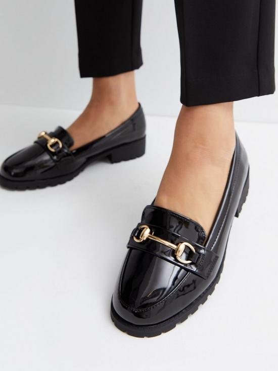 stillFront image of new-look-wide-fit-black-patent-metal-trim-chunky-loafers