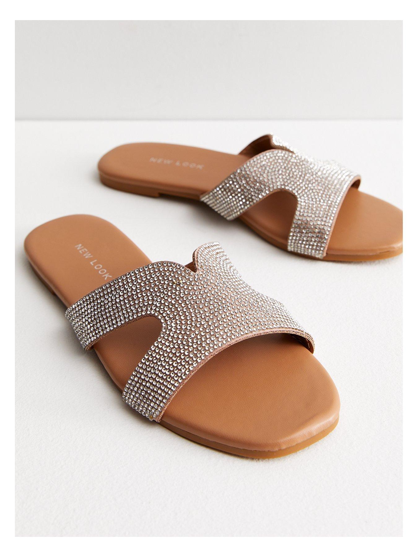 New Look Cream Diamante Strap Sliders littlewoods