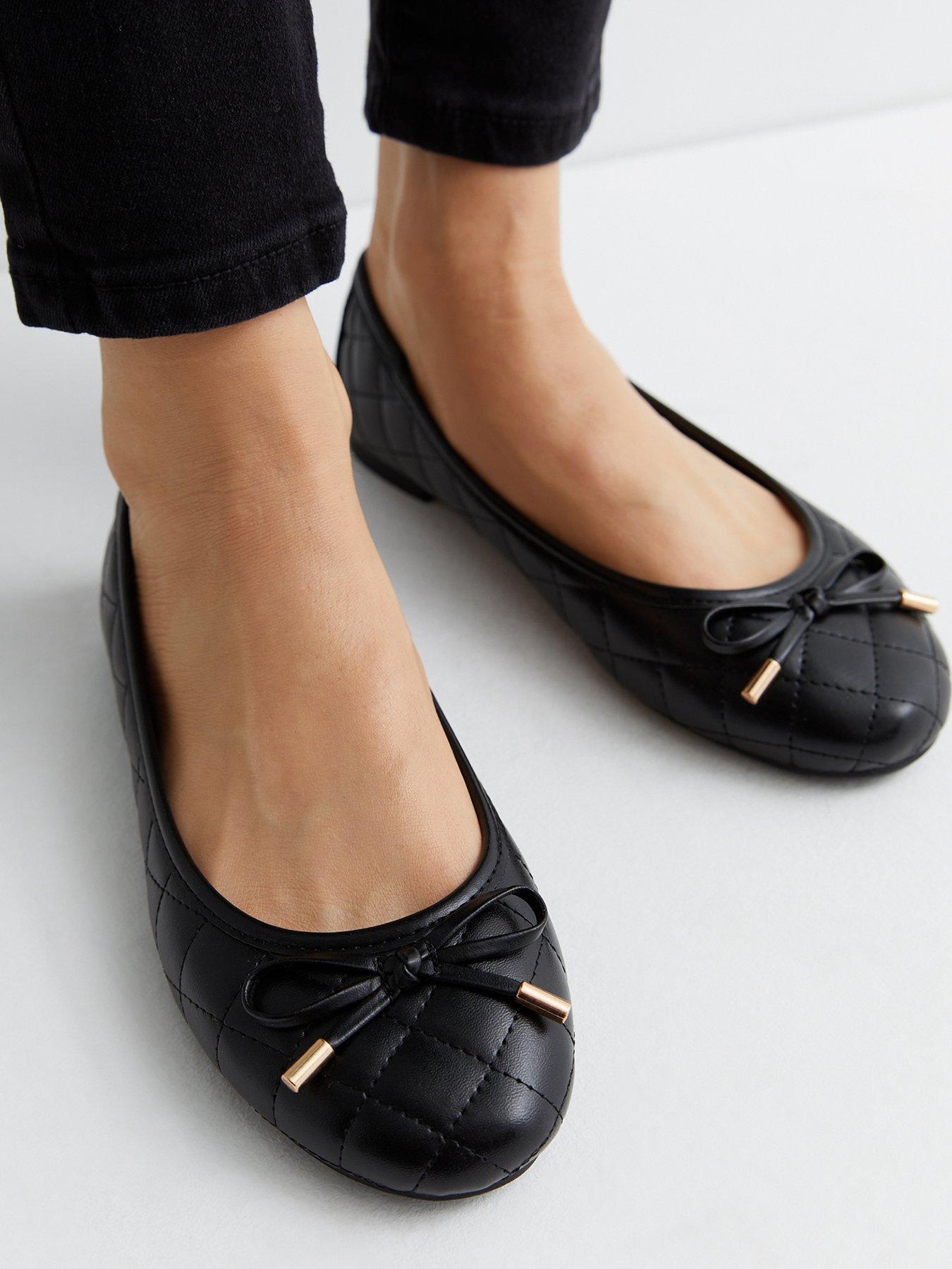  image of new-look-wide-fit-black-quilted-leather-look-bow-ballerina-pumps