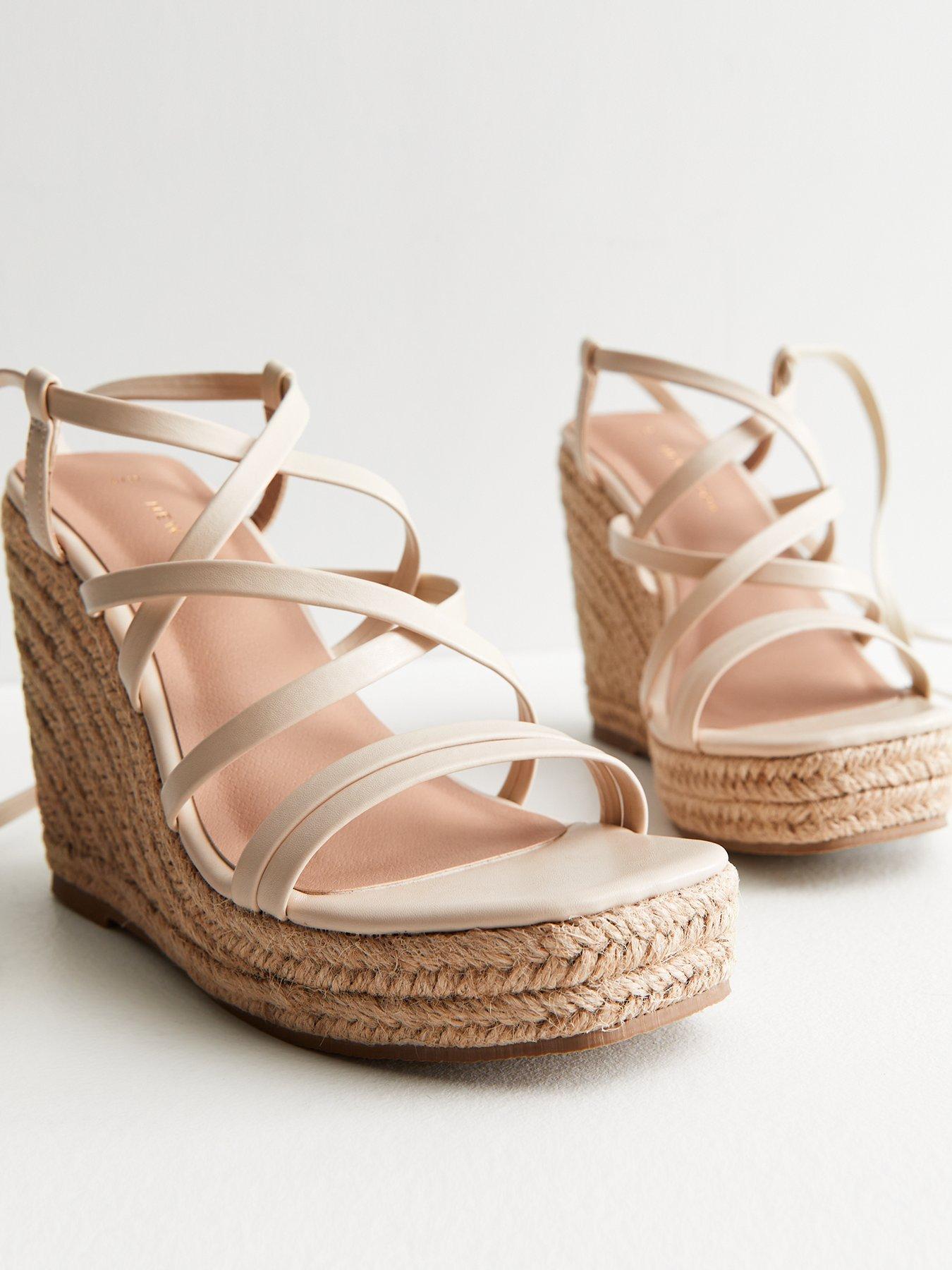 Off White Leather Look Strappy Espadrille Wedge Heel Sandals