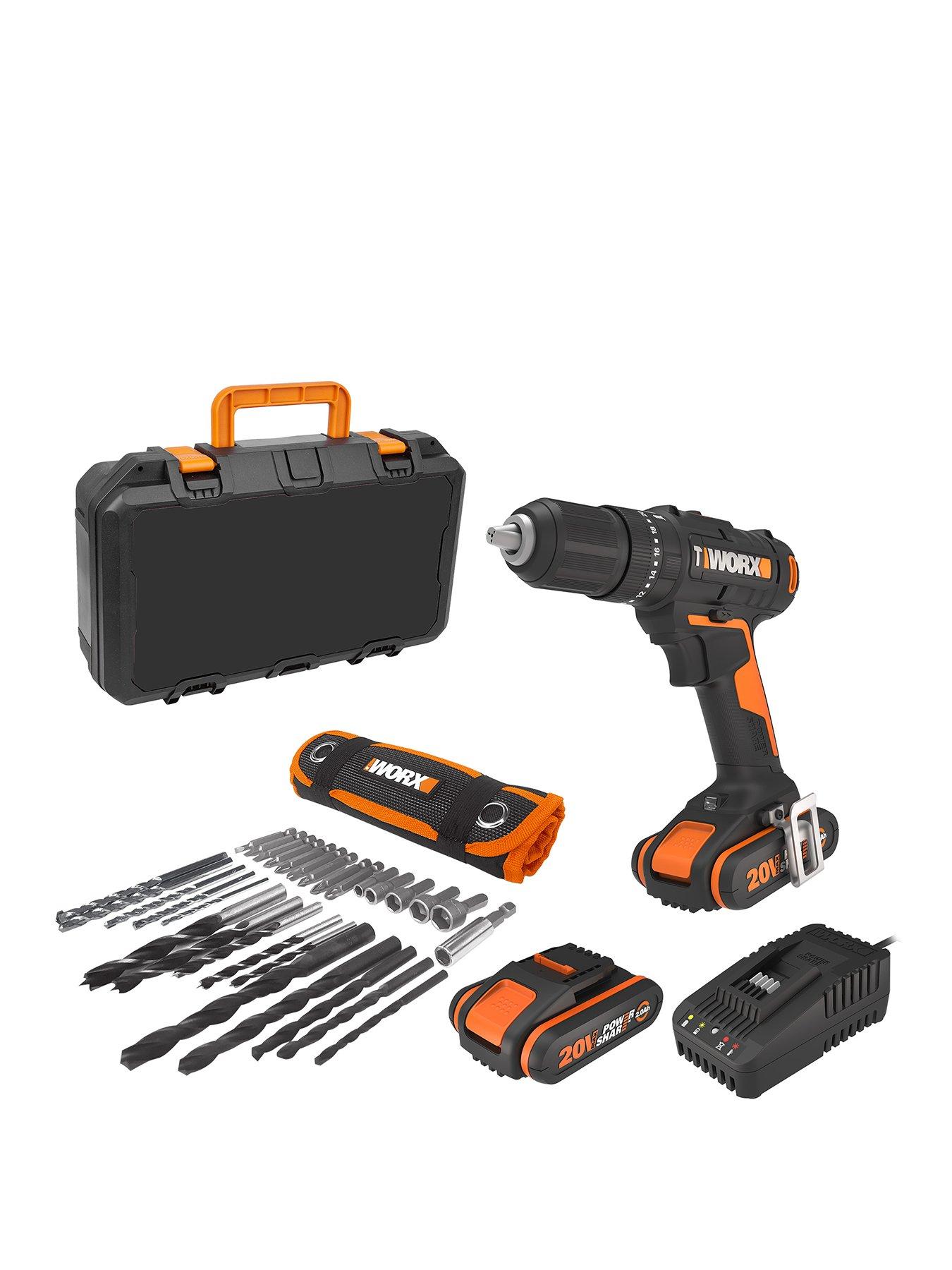 Worx 20V Cordless Hammer Drill with x2 2.0Ah Batteries, Charger  &  30pc Drill Bit Set