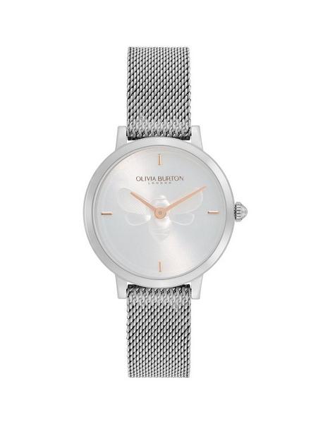 olivia-burton-signature-ultra-slim-bee-watch-featuring-a-28mm-stainless-steel-queen-bee-silver-white-sunray-dial-and-stainless-steel-mesh-strap