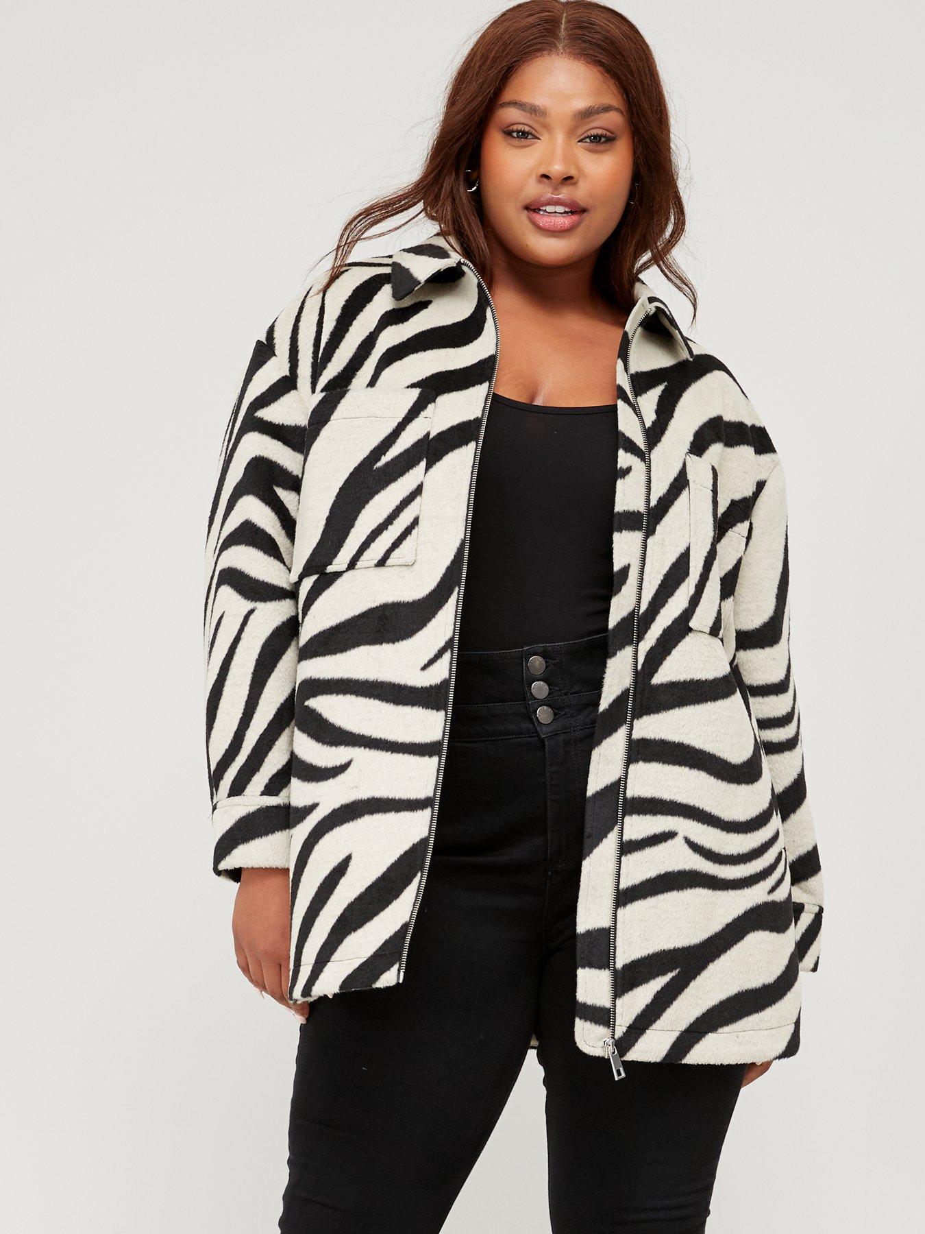 V by Very Curve Zip Through Zebra Print Jacket Black Cream littlewoods