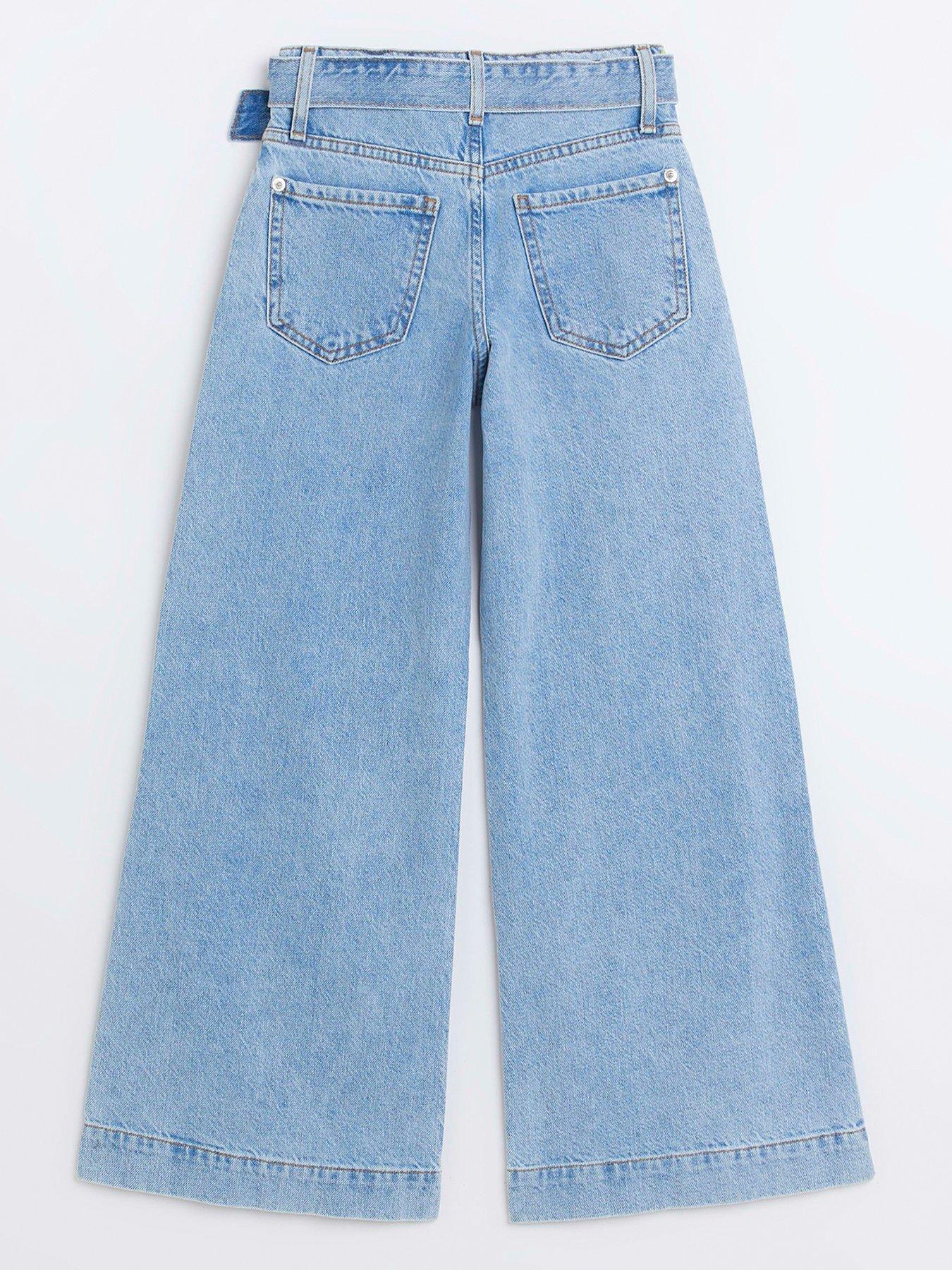 Girls Denim Belted Wide Leg Jeans Blue