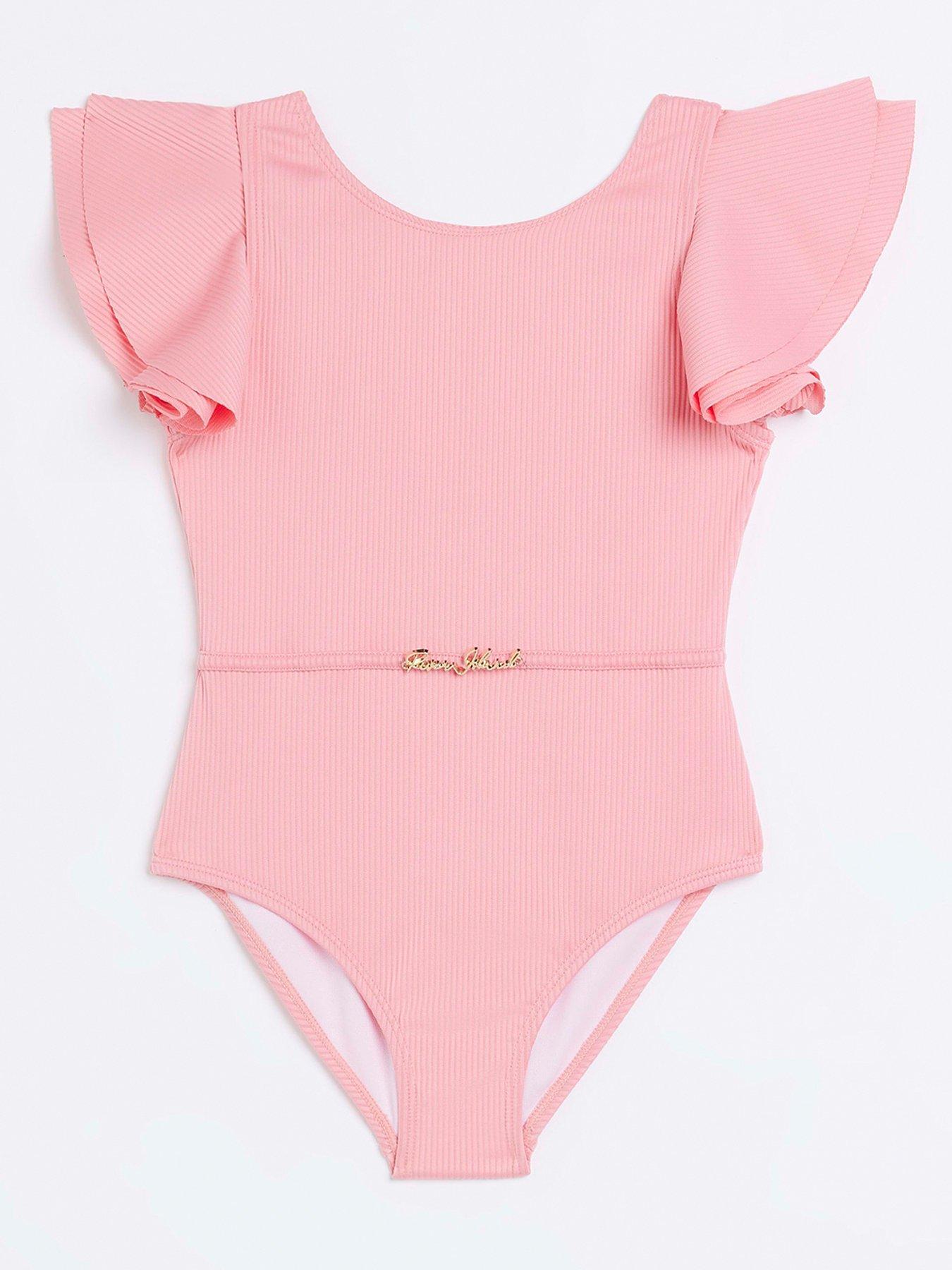 river-island-girls-frill-sleeve-ribbed-swimsuit-coral