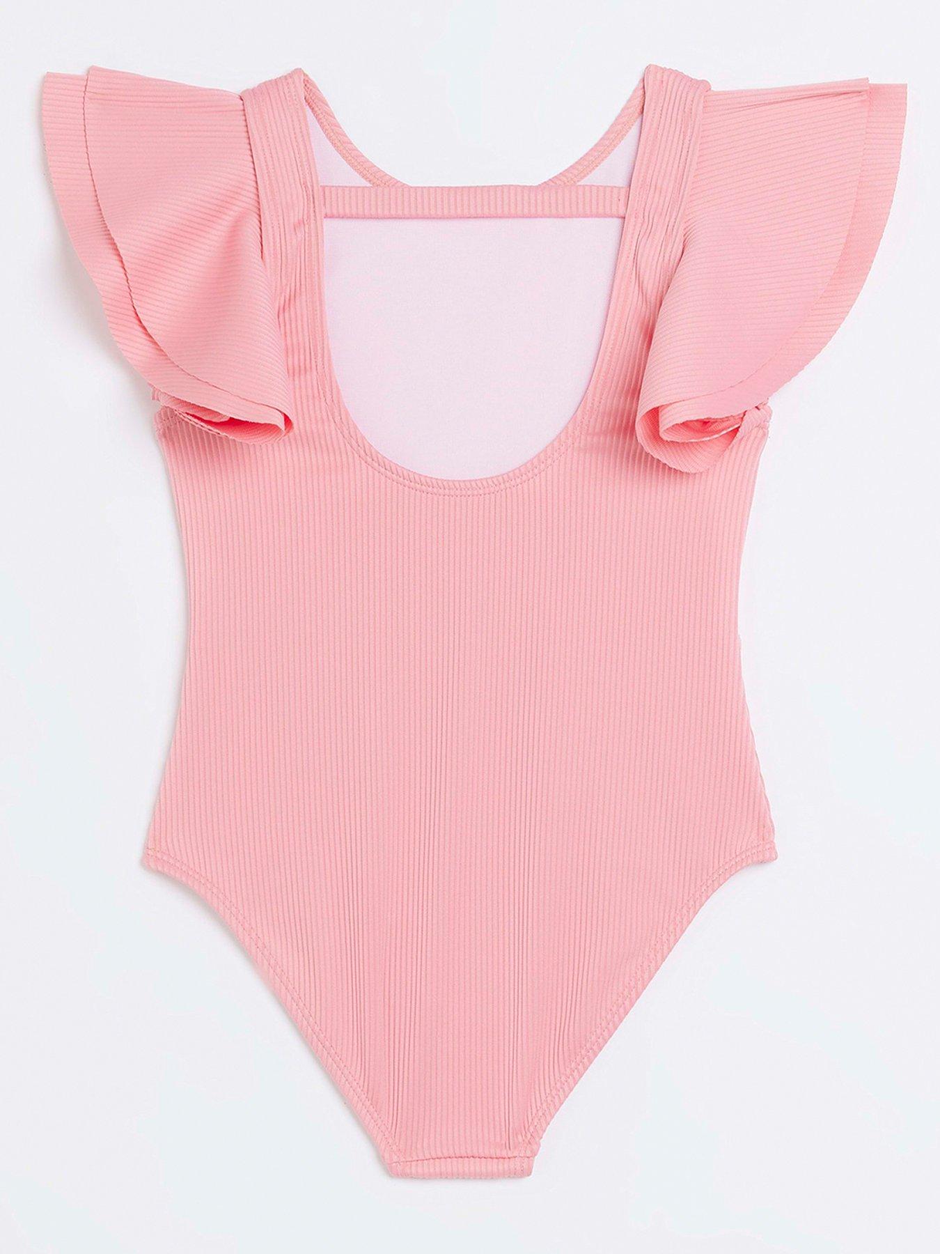 River Island Girls Frill Sleeve Ribbed Swimsuit - Coral | littlewoods.com