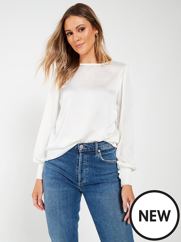 Everyday Shirred Cuff Satin Shell Blouse - Ivory 