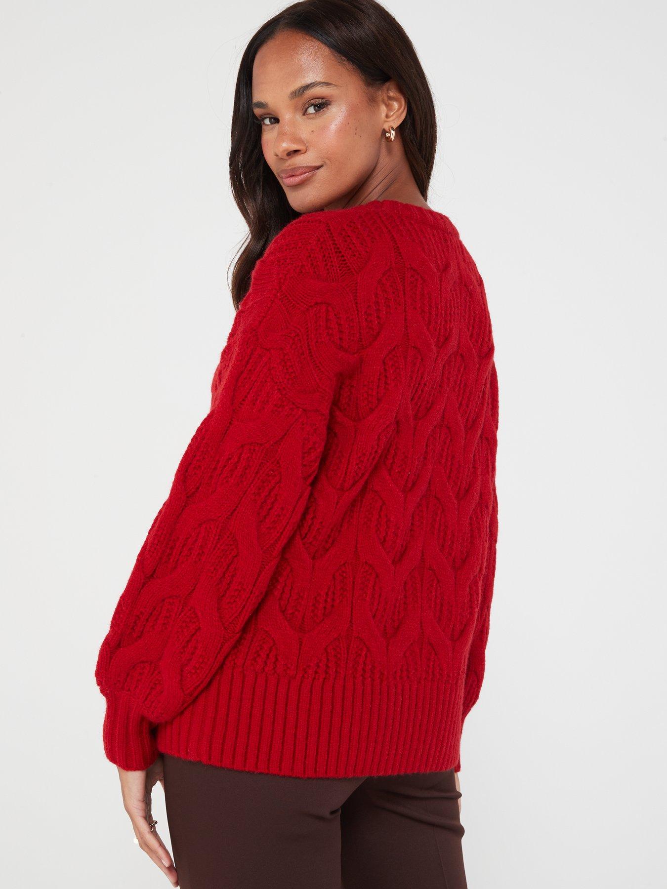 V by Very Crew Neck Oversized Cable Jumper Dark Red