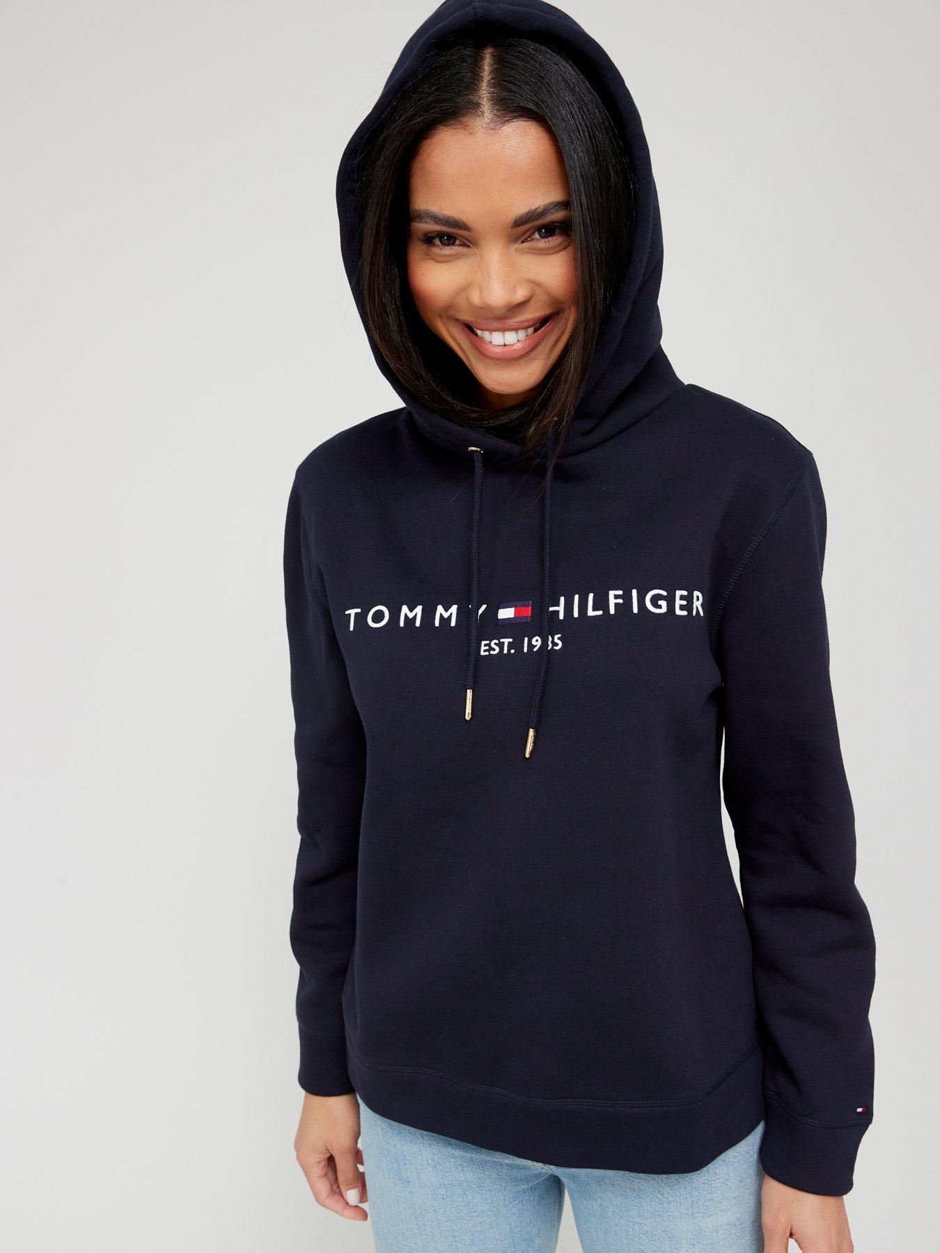 Image 4 of 5 of Tommy Hilfiger Womens Regular Fit Logo Embroidery Hoodie - Dark Blue
