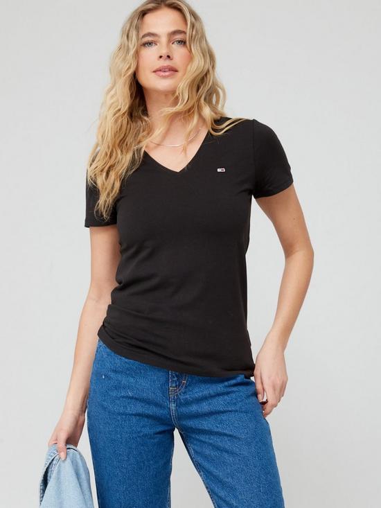 front image of tommy-jeans-skinny-stretch-v-neck-t-shirt-black
