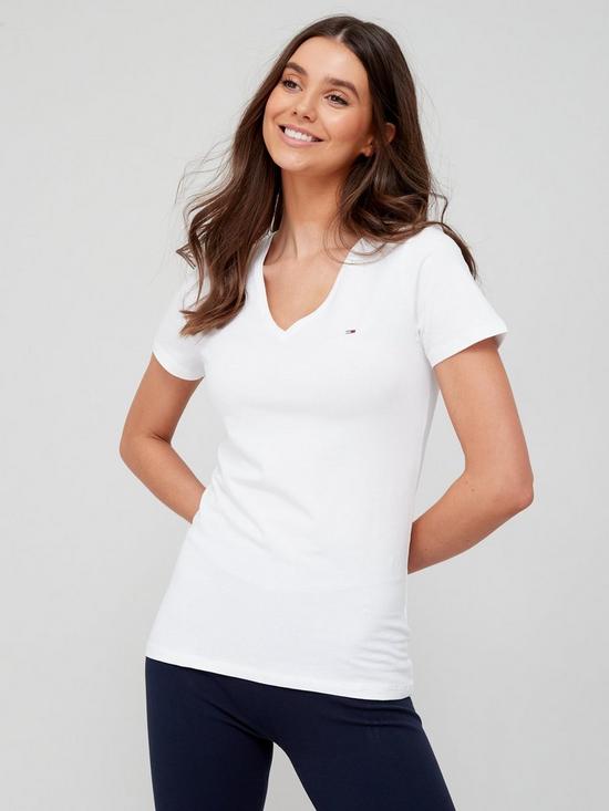 front image of tommy-jeans-skinny-stretch-v-neck-t-shirt-white
