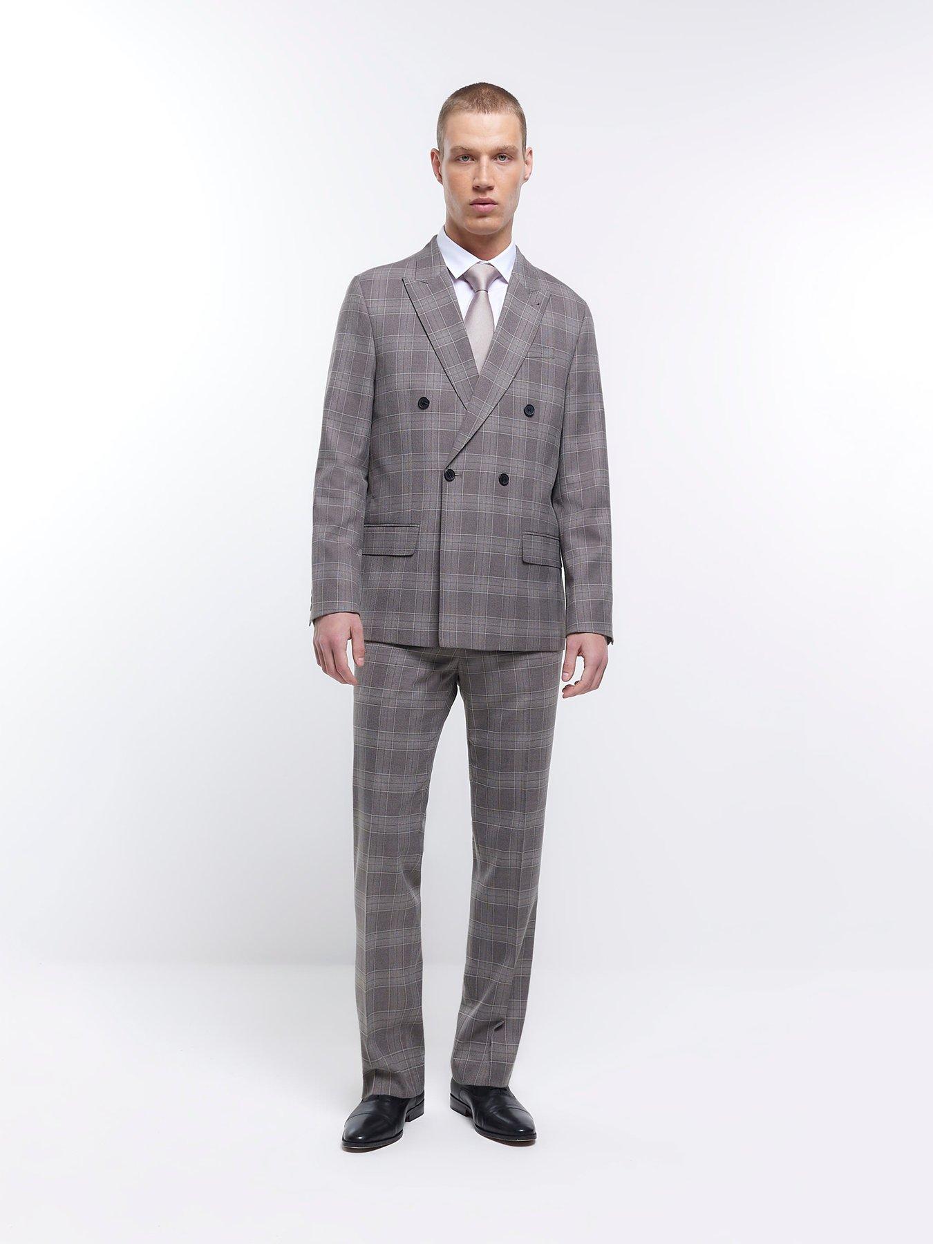 River Island Double Breasted Check Suit Jacket Slim Fit Grey littlewoods
