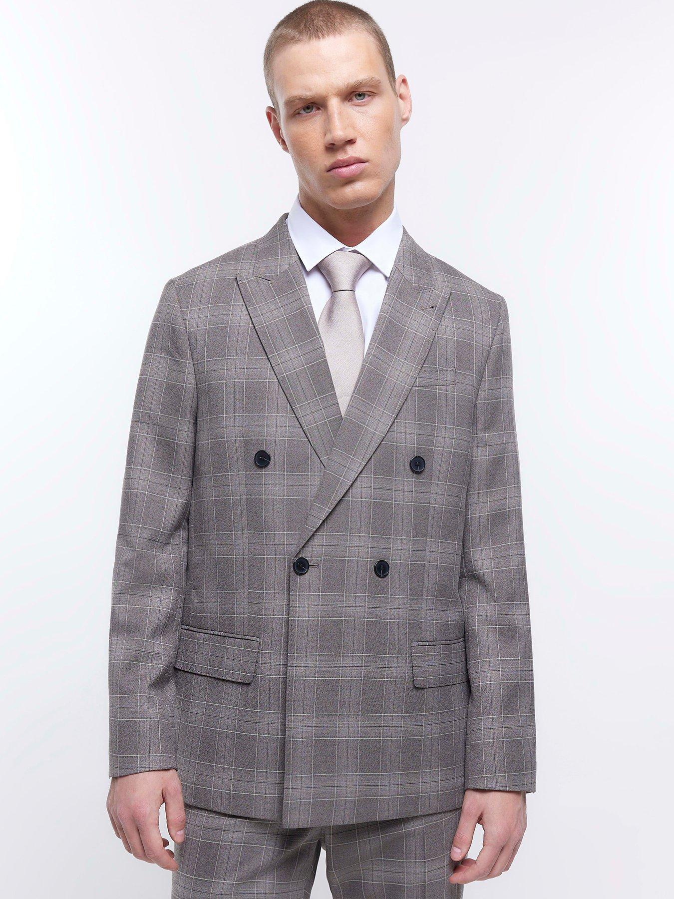 River Island Double Breasted Check Suit Jacket Slim Fit Grey littlewoods