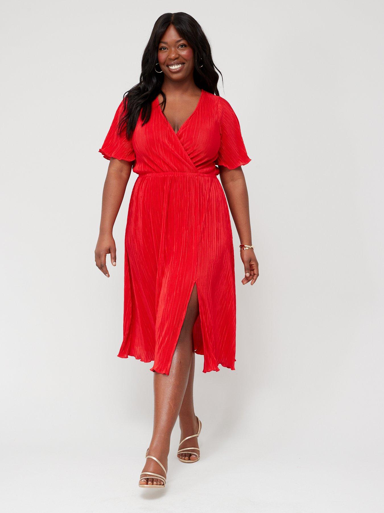 V by Very Curve V Neck Angel Sleeve Plisse Midi Dress Red