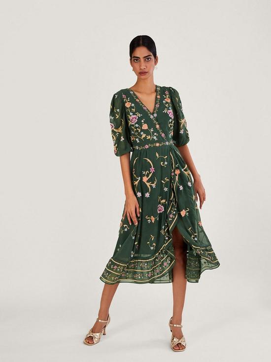 front image of monsoon-christel-sustainable-emb-wrap-dress-green