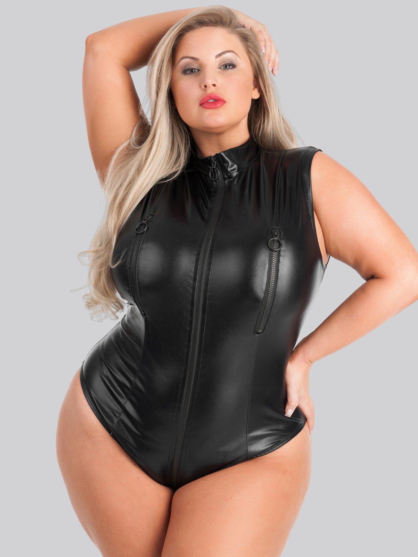 front image of lovehoney-plus-size-fierce-wet-look-zip-up-peek-a-boo-body-black
