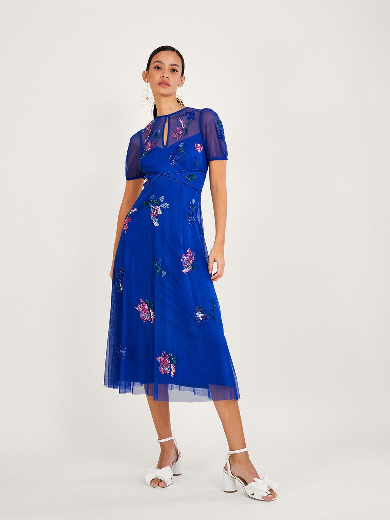Monsoon Phoebe Emb Midi Dress Blue littlewoods