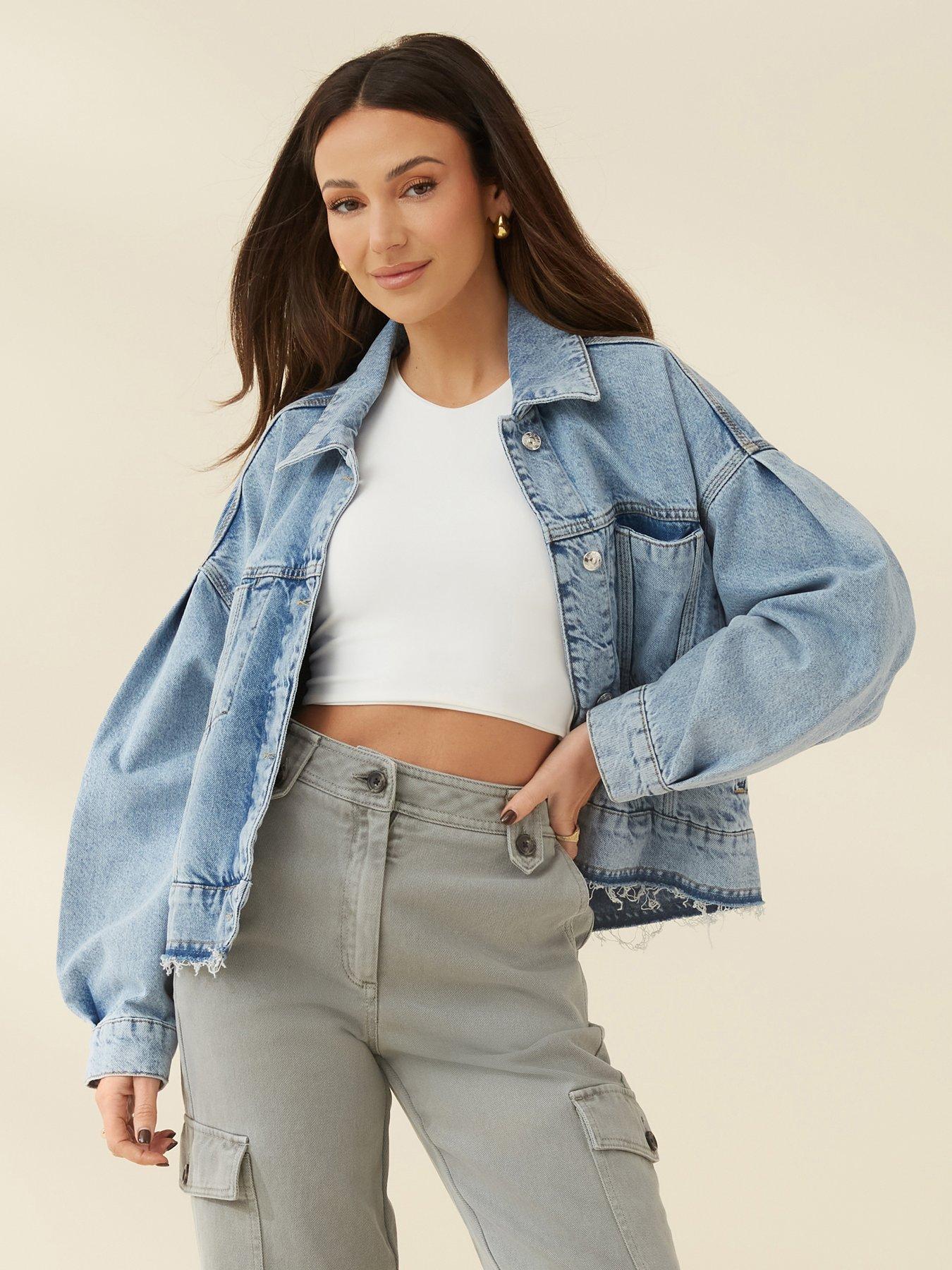 front image of michelle-keegan-denim-drop-shoulder-oversized-jacket-light-wash