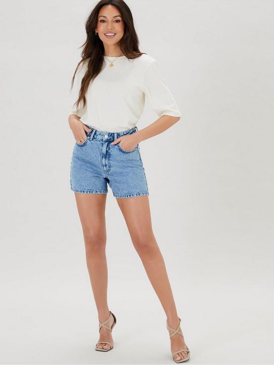 front image of michelle-keegan-high-waisted-denim-shorts-light-wash