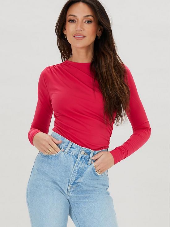 front image of michelle-keegan-ruched-front-detail-long-sleeve-top-pink