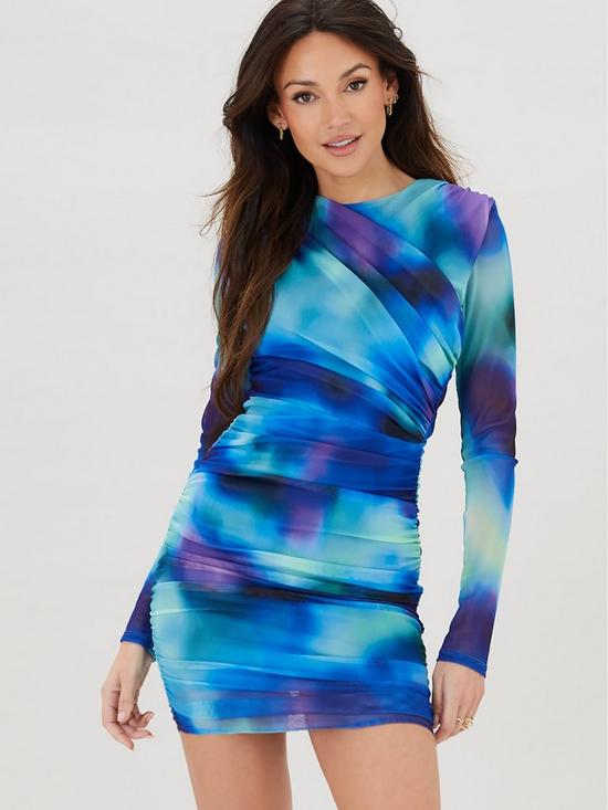 front image of michelle-keegan-ruched-detail-printed-mini-dress-blue