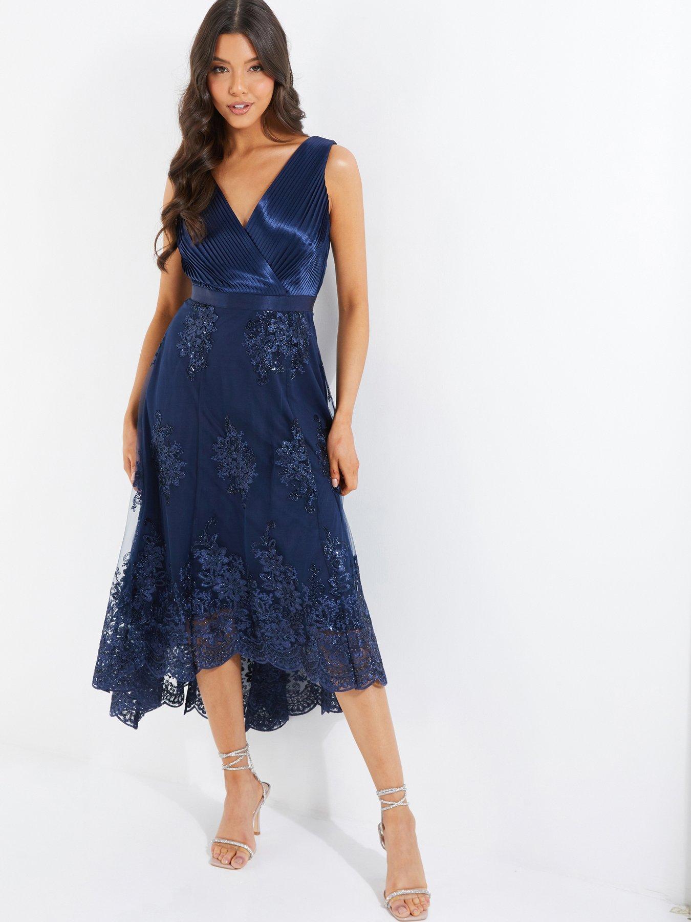 Quiz Embroidered Dip Hem Dress - Dark Blue | littlewoods.com