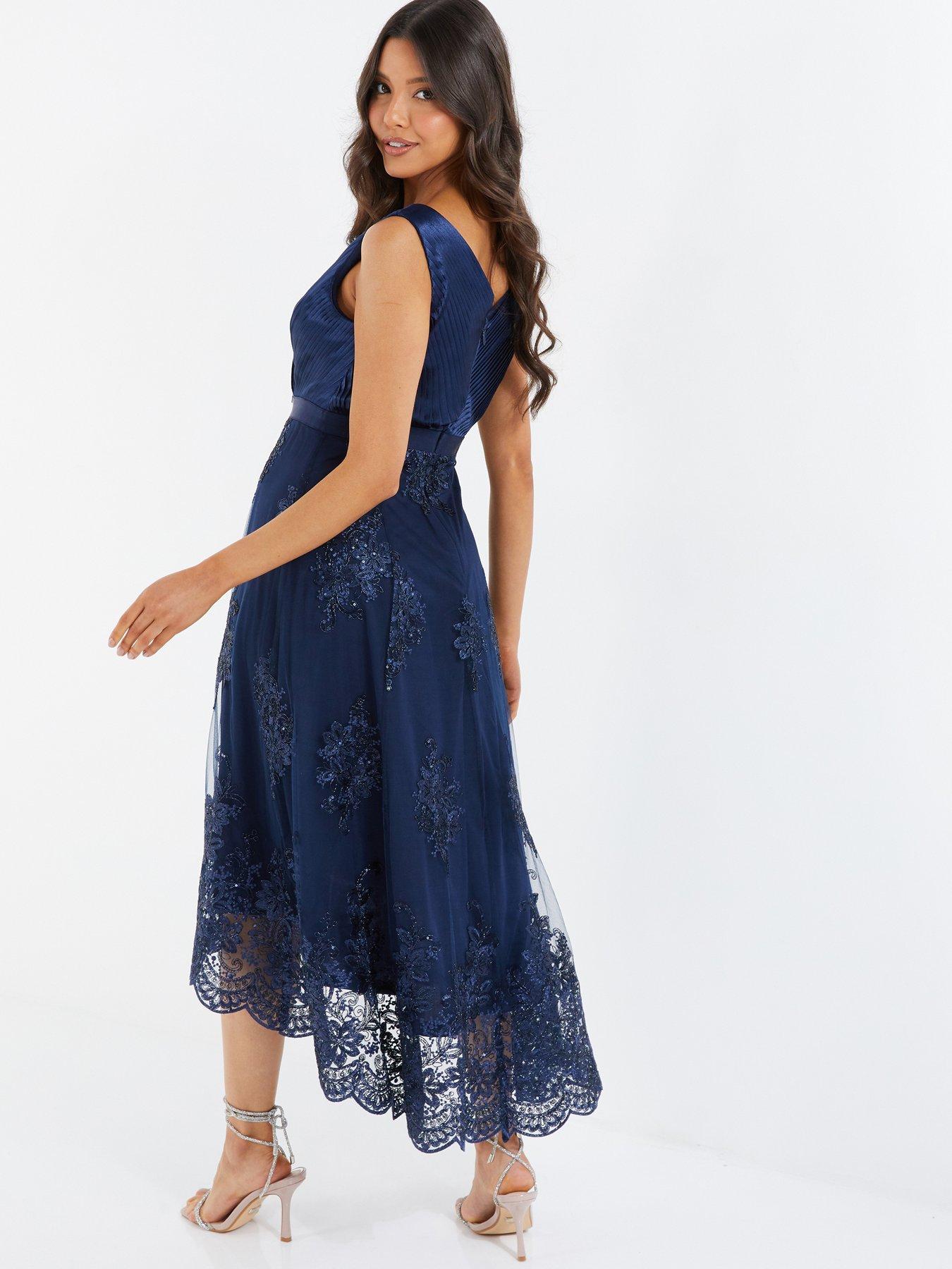 Quiz Blue Dress Lace Teal Quiz Navy Lace Dip Hem Dress Midi Dress Navy And  Silver Lace