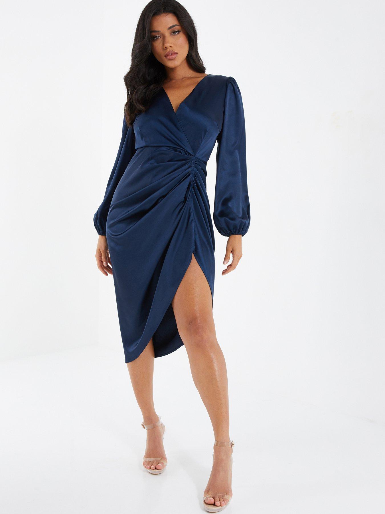 Quiz Satin Ruched Midi Dress Dark Blue Littlewoods