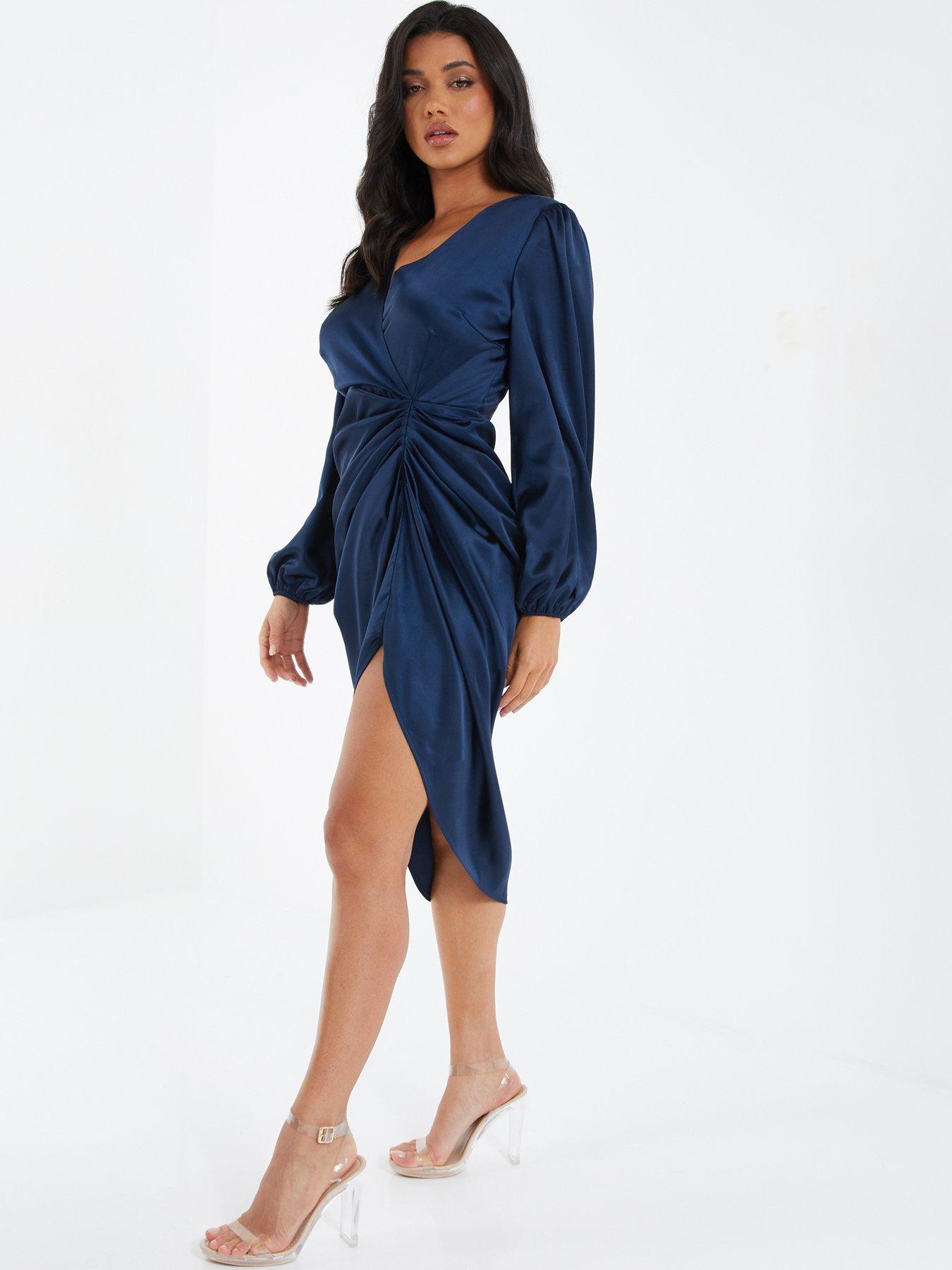 Quiz Satin Ruched Midi Dress - Dark Blue