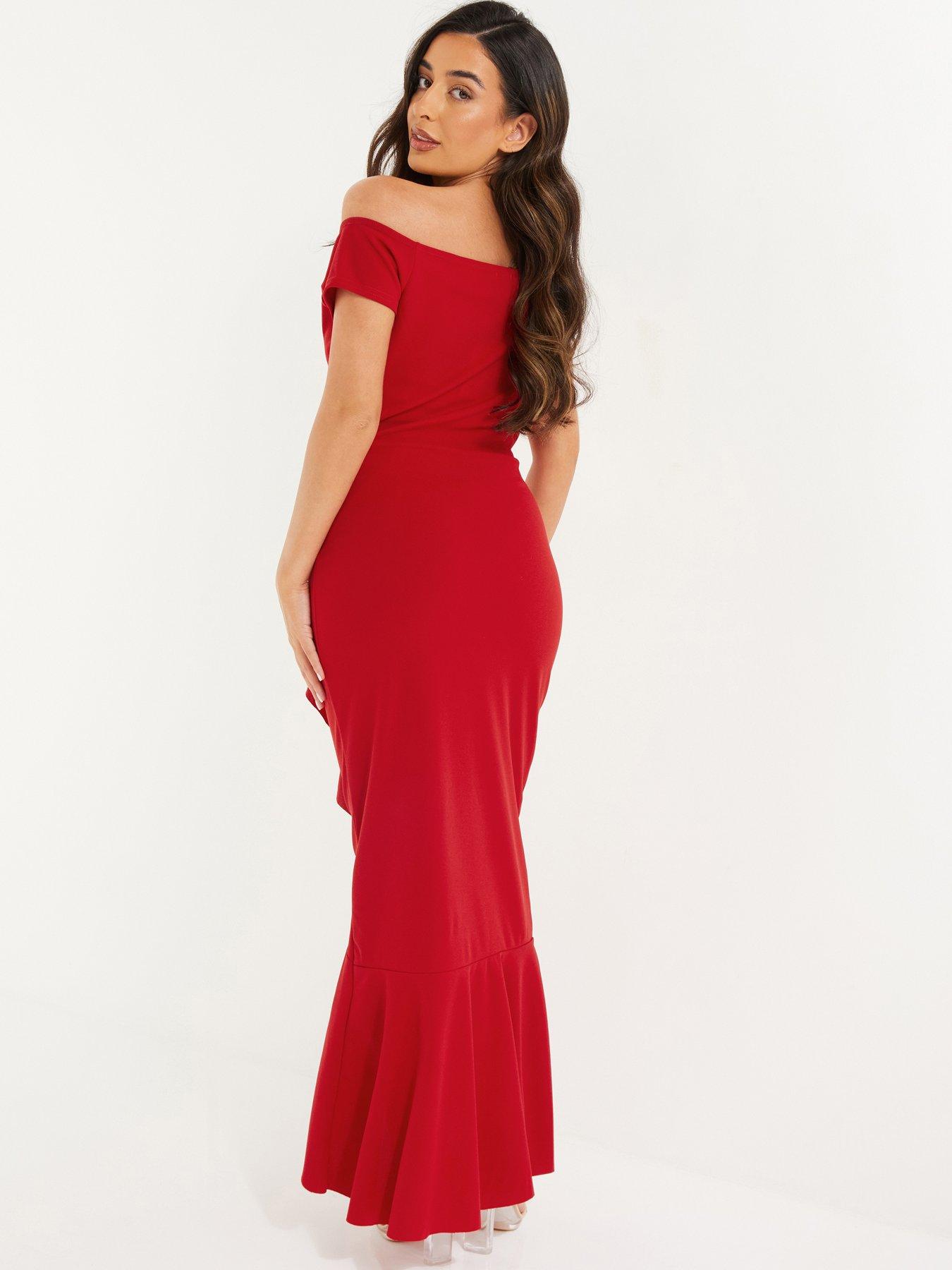 red bardot dress quiz Quiz Red Bardot Ruched Maxi Dress - 6