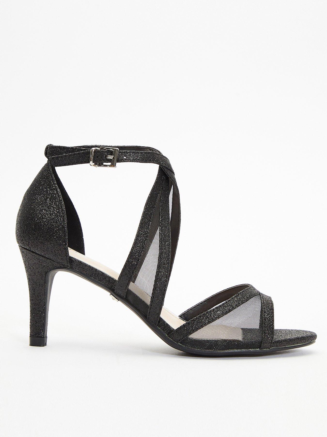 Quiz Glitter Mesh Cross Strap Low Heeled Sandals - Black | littlewoods.com