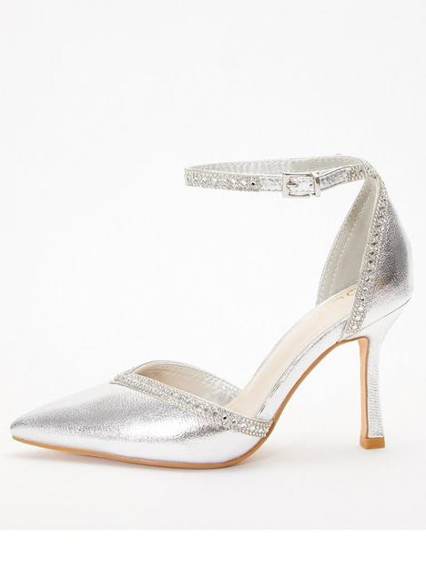 quiz-shimmer-diamante-trim-low-court-heels-silver