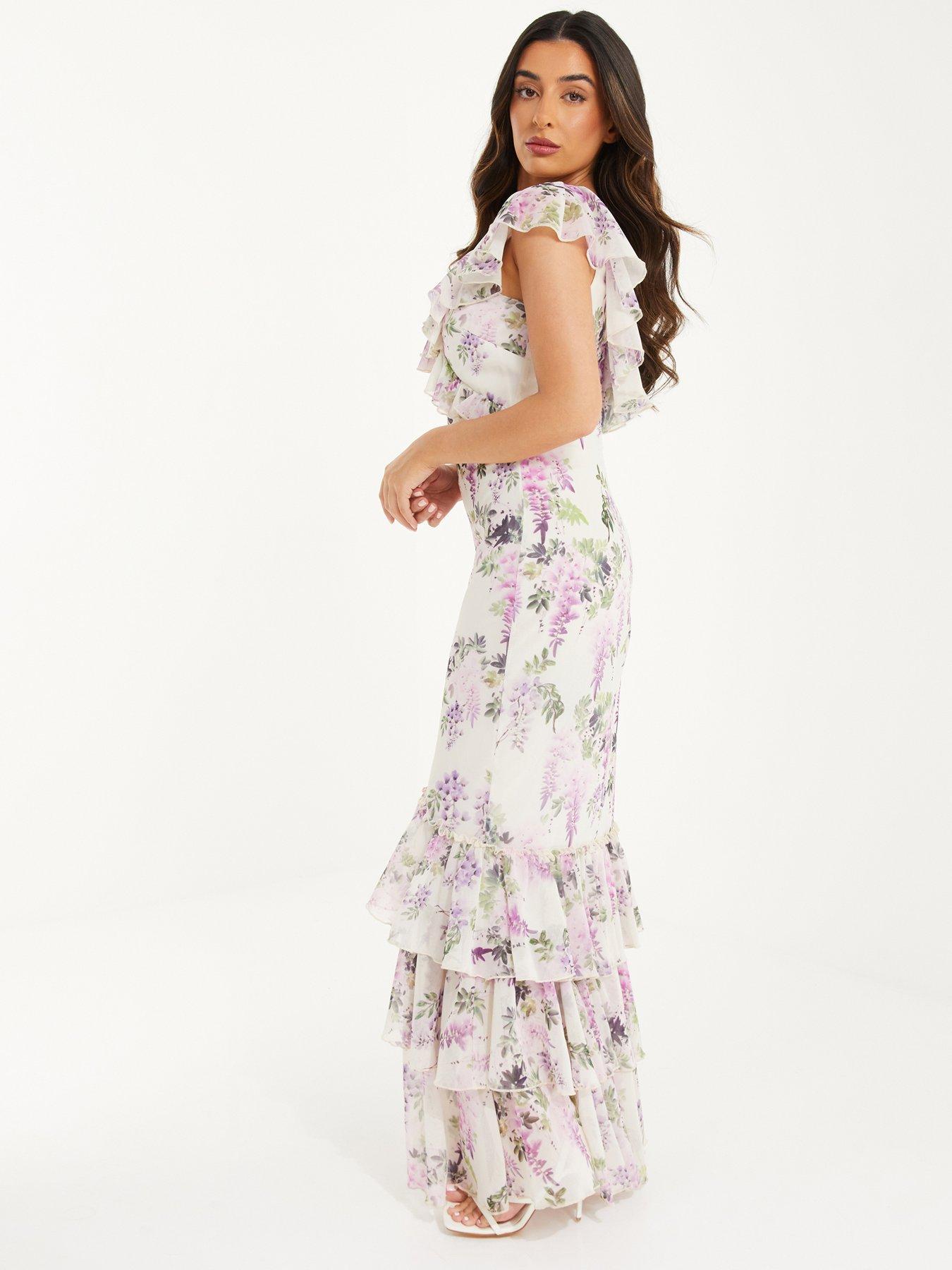 Quiz Petite Chiffon Floral Frill Maxi Dress