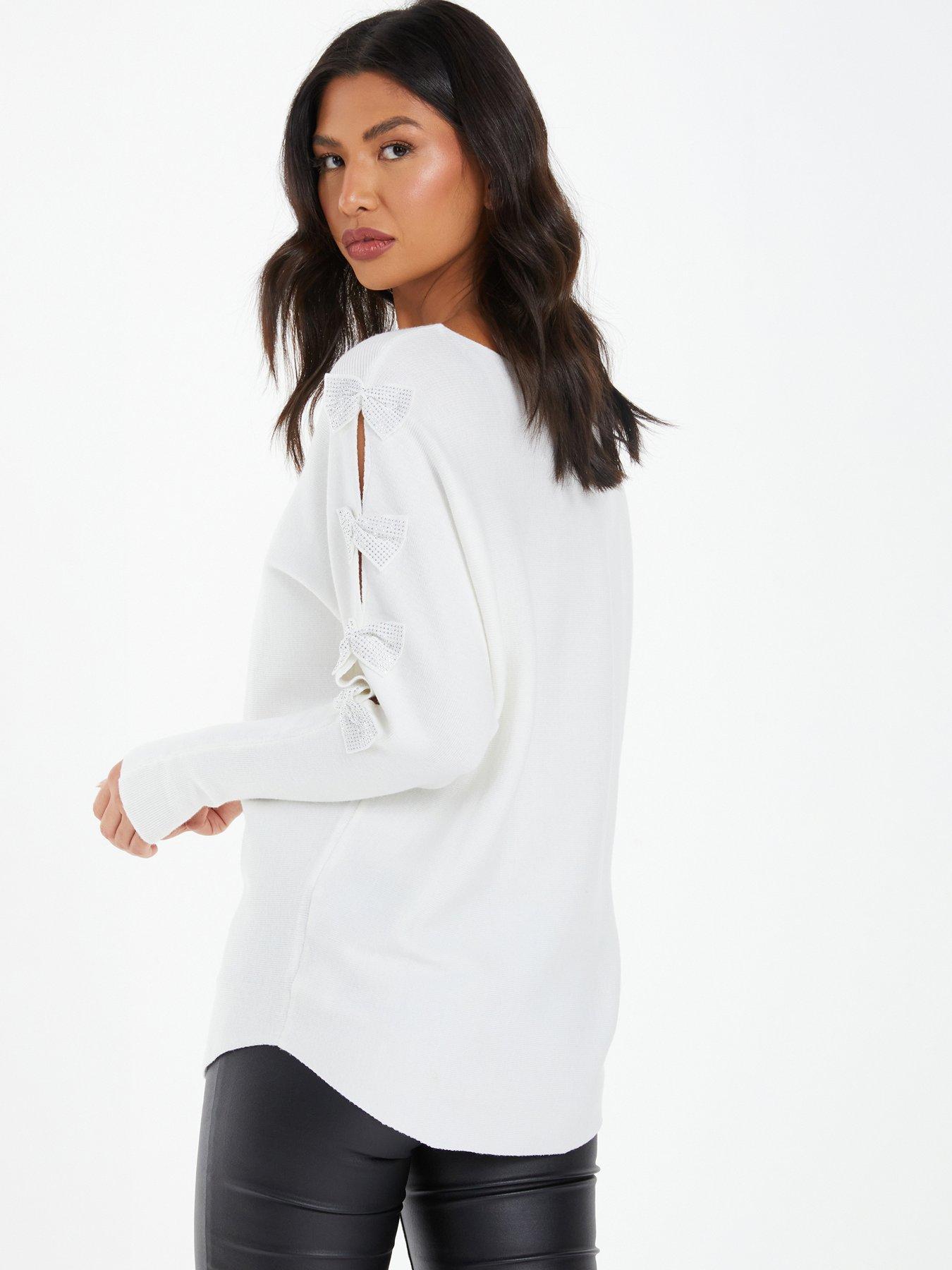 Quiz Light Knit Diamante Bow Sleeve Jumper